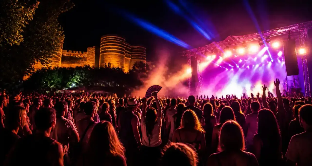 Festival en plein air à Angers, scène illuminée la nuit
