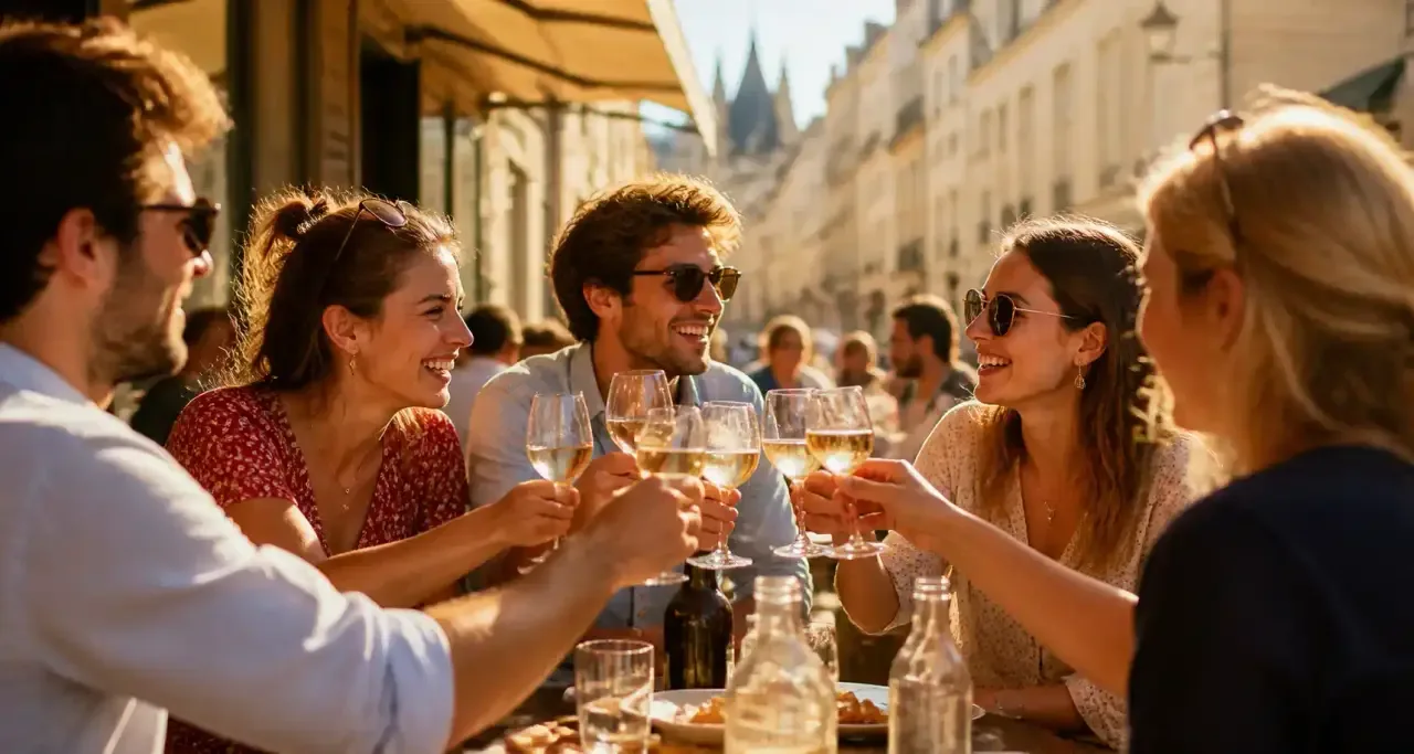 Terrasse de restaurant à Angers, entre amis autour d'un verre de vin blanc