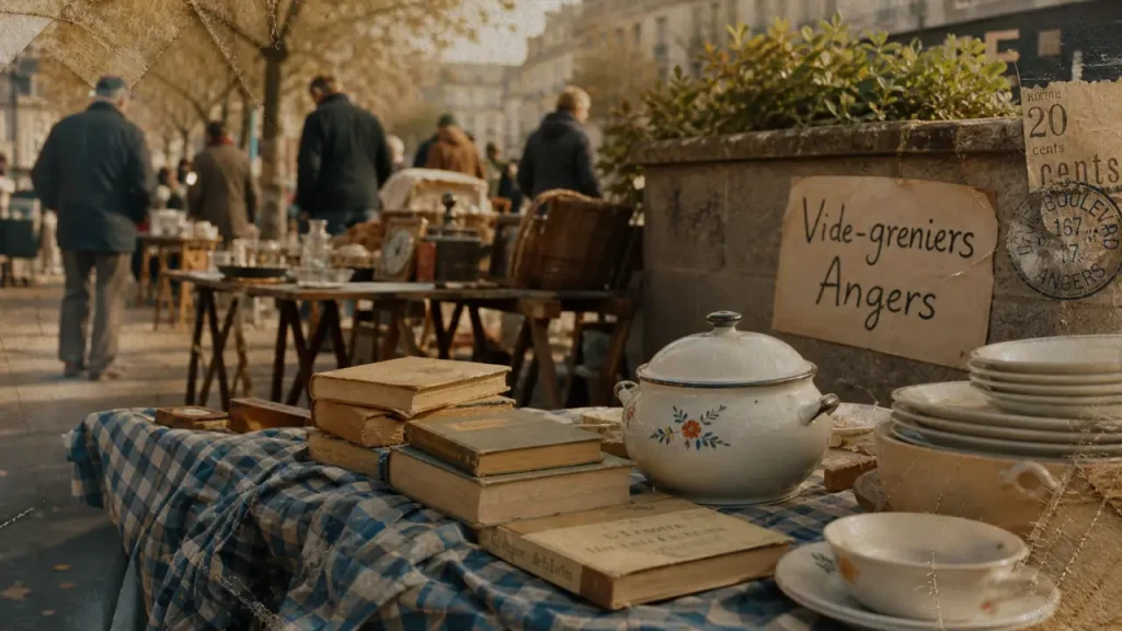Vide greniers 49 ce week end : livres et vaisselle sur stands à Angers, Cholet, Saumur