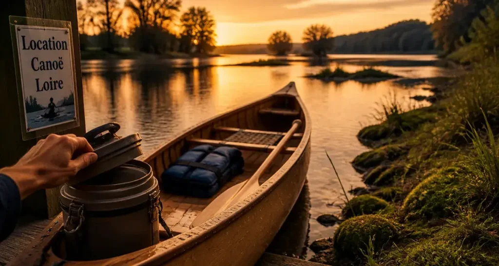 Canoe saumur sur la Loire, vue au bord au golden hour