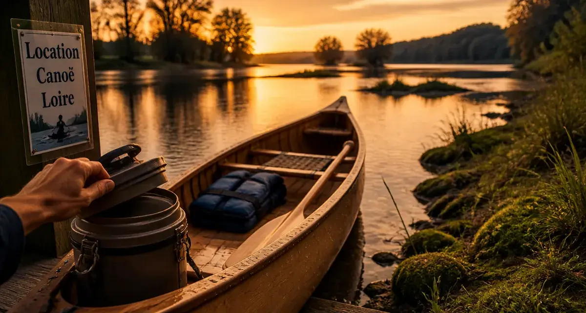 Canoe saumur sur la Loire, vue au bord au golden hour