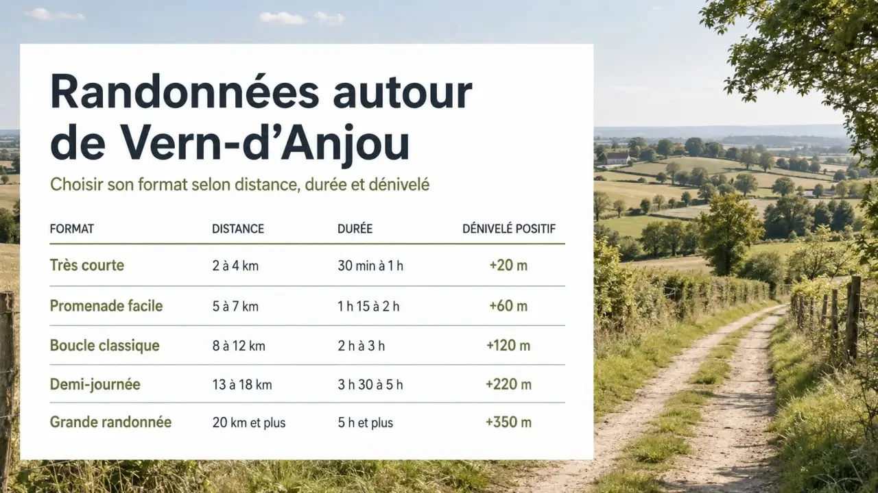 Randonnée vern d anjou : visualisation comparative des distances, durées et dénivelés des circuits autour de Vern-d’Anjou