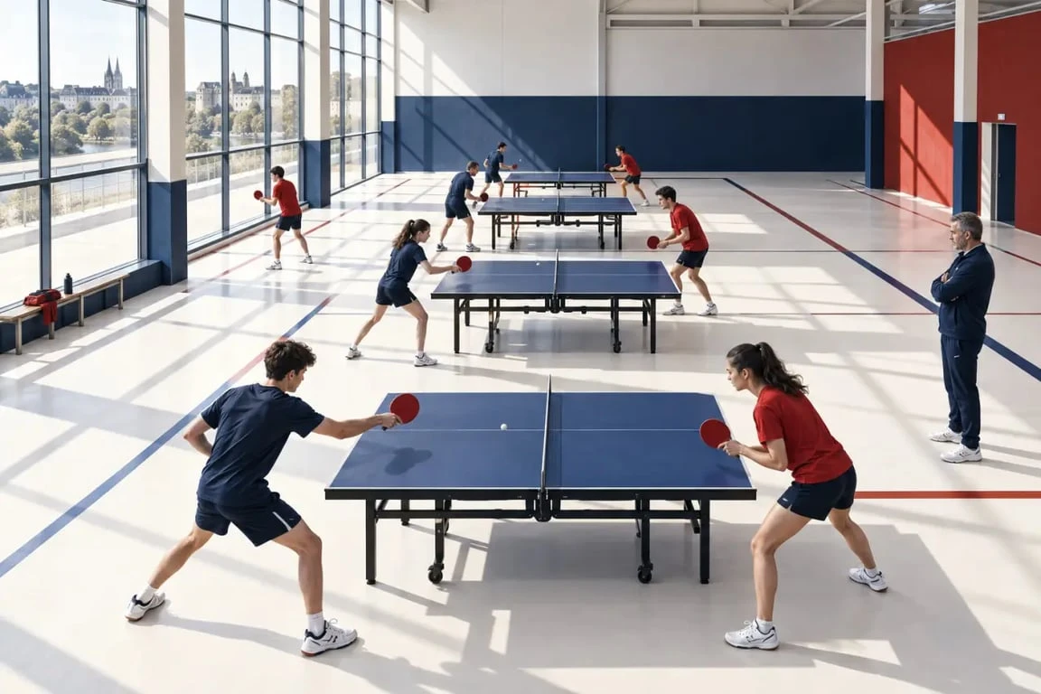 Salle de tennis de table à Angers pendant un entraînement de club
