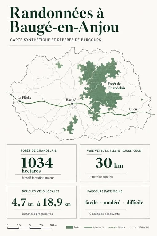 Randonnée baugé en anjou : visualisation des parcours autour de la forêt de Chandelais et de la voie verte