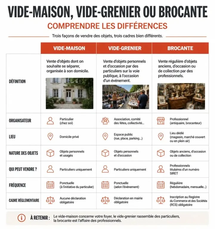 Tableau comparatif des différences entre vide-maison, vide-grenier et brocante dans le Maine-et-Loire 49
