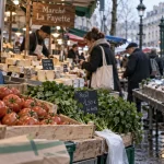Marché La Fayette à Angers : étal de produits frais en plein air