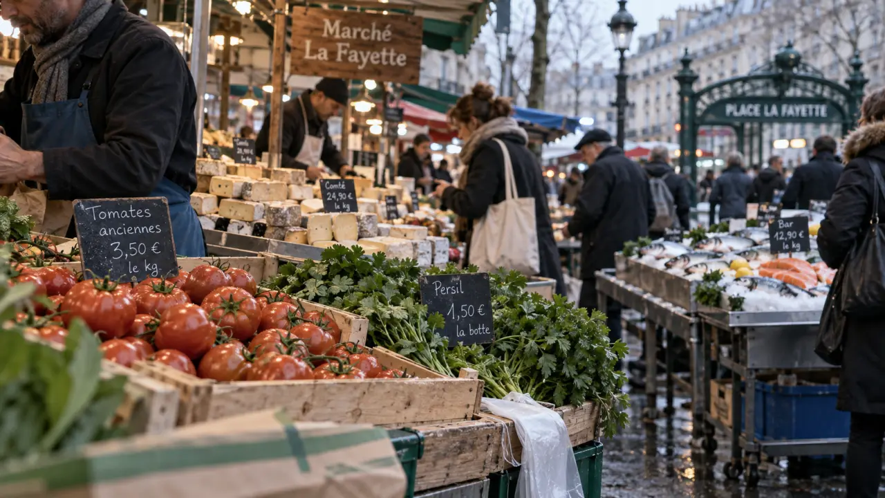 Marché La Fayette à Angers : étal de produits frais en plein air