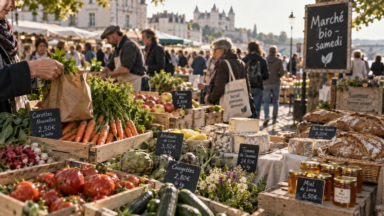 Marche Saumur le samedi : étals du marché bio, fruits et fromages