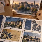 Huit emblèmes d’Angers réunis sur une planche de timbres collector
