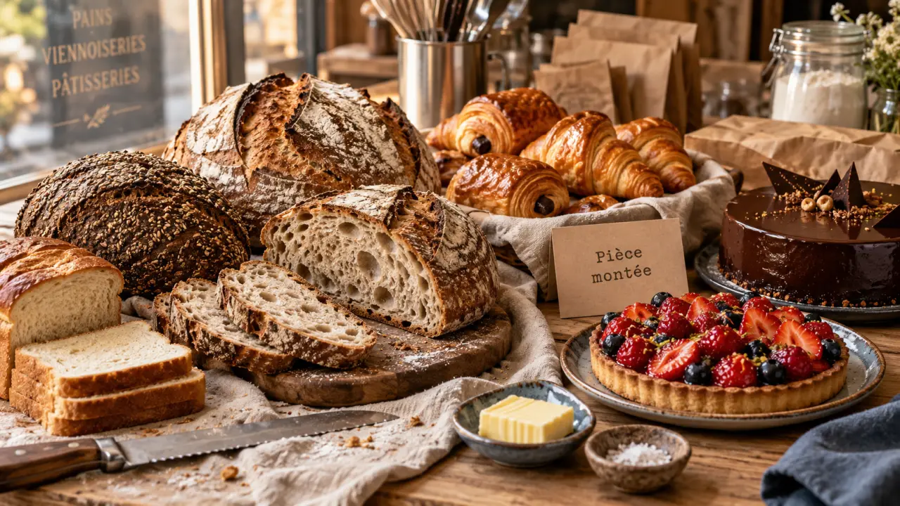 Boulangerie anjou : pains artisanaux et gâteaux personnalisés sur table en bois
